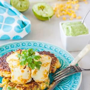Corn And Avocado Fritters With Avocado, Yoghurt, Coriander & Lime Sauce