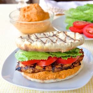Moroccan Marinated Grilled Chicken Flatbread Burgers with Red Pepper Hummus