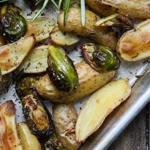 Roasted Fingerling Potatoes and Brussels Sprouts with Rosemary and Garlic