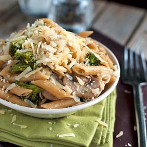 Rustic Garlic Penne with Roasted Broccoli and Sauteed Mushrooms