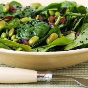 Wilted Spinach Salad with Edamame, Red Onion, and Black Sesame Seeds