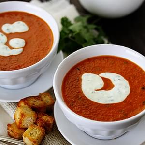 Roasted Red Pepper Soup with Smoked Paprika and Cilantro Cream
