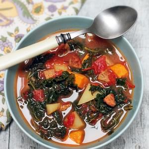 Karina's Gluten-Free Kale Soup Recipe with Spicy Chicken Sausage, Gold and Sweet Potatoes