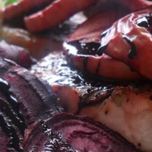 Pork Chops with Grilled Beets and Apples in a Balsamic Reduction