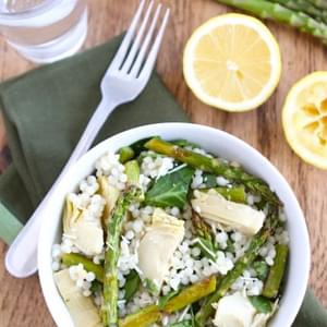 Israeli Couscous Salad with Roasted Asparagus, Artichokes, & Spinach