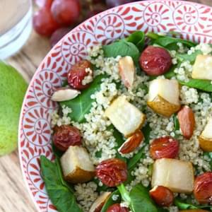 Spinach Quinoa Salad with Roasted Grapes, Pears, & Almonds