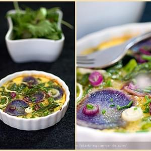 Egg Flan with Purple Potato and Green Vegetables