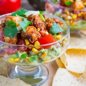 Chipotle Lime Shrimp and Guacamole Dip with Tomatoes and Charred Corn