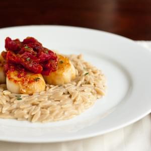 Scallops with Sun Dried Tomato Jam and Goat Cheese Orzotto