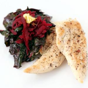 Chicken, Grated Beets, and Beet Greens with Orange Butter
