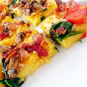 Polenta Pizza with Spinach, Mushrooms, Bacon & Tomatoes