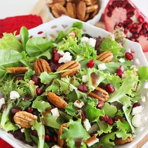 Mixed Green Salad with Pomegranate Seeds, Feta and Pecans