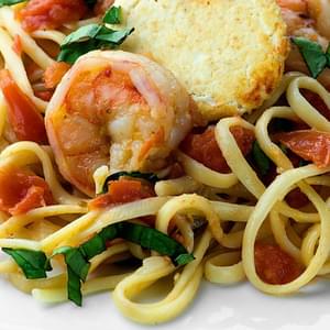 Shrimp, Tomato and Basil Linguine with Goat Cheese Rounds