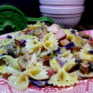Skillet Bowtie Bacon-Cabbage-Ham-Mushroom-Leek Pasta