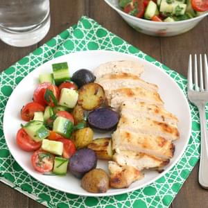 Grilled Chicken and Potatoes with Tomato and Cucumber Salad