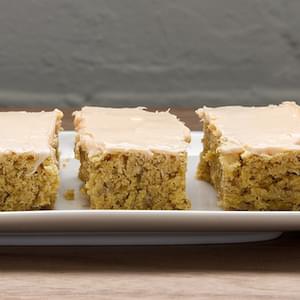 Oatmeal Cookie Bars with Peaches and Crème Frosting