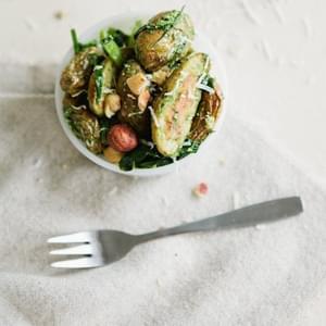 Roasted Fingerling Potatoes with Pea Shoots, Pesto and Hazelnuts