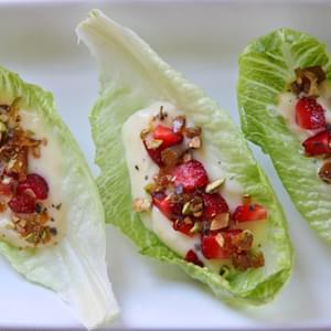Lemon Pudding on Romaine Leaf Lettuce with Fresh Strawberries, Candied Pistachios and Cypress Black Sea Salt (naturally gluten free)