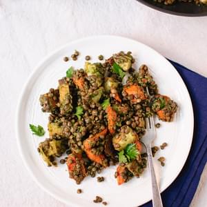 Roasted Carrot and Potato, Lentils and Miso Parsley Sauce