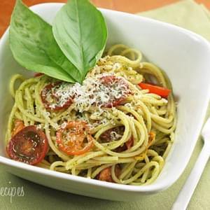 Spaghetti with Garlic Scape Pesto with Tomatoes