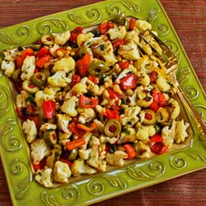 Roasted Cauliflower with Red Bell Pepper, Green Olives, and Pine Nuts (Christmas Cauiflower)