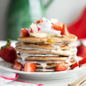Easy Vegan and Gluten-Free Pancakes (Strawberry Shortcake + Whipped Cream)
