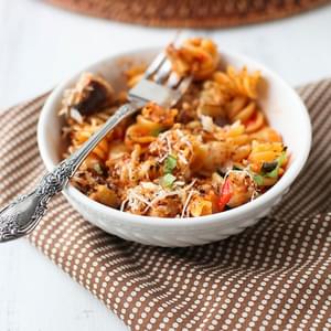 Cheesy Baked Pasta with Roasted Red Pepper Sauce and Eggplant