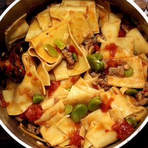 Fresh Pasta with Favas, Tomatoes and Sausage