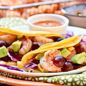 Shrimp Taco Recipe with Ranchero Sauce, Grilled Corn and Grapes