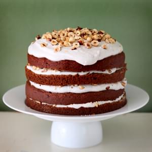 Pumpkin Spice Birthday Cake with Coconut Vanilla Icing and Roasted Hazelnuts