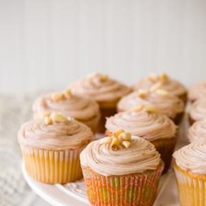 One Bowl Pine Nut Cupcakes with Raspberry Cream Cheese Frosting