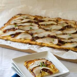 Gluten Free Flourless Pizza with Pears, Candied Bacon and Caramelized Onions