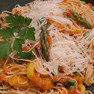 Angel Hair Pasta with Spring Vegetable and Red Pepper Tomato Sauce