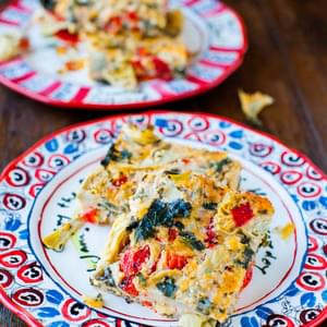 Spinach Artichoke and Roasted Red Pepper Cheesy Squares (with vegan and gluten free suggestions)
