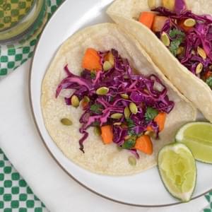 Tacos with Roasted Winter Vegetables and Red Cabbage Slaw