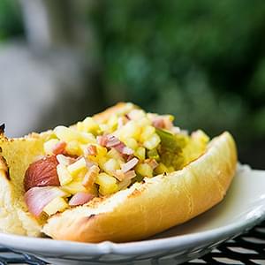 Hot Dogs with Pineapple Bacon Relish
