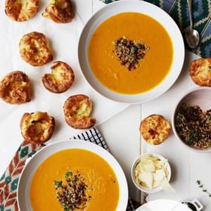 Creamy Spiced Squash Soup with Parmesan Thyme Popovers