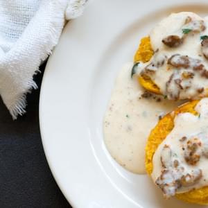 Sweet potato biscuits with chorizo cream gravy and Foodways Texas