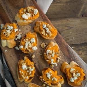 Sweet Potato Crostini with Walnuts and Blue Cheese