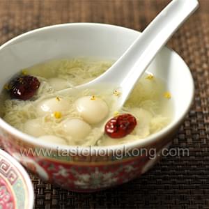 Baby Tang Yuan or Glutinous Rice Balls in Boozy Sweet Soup