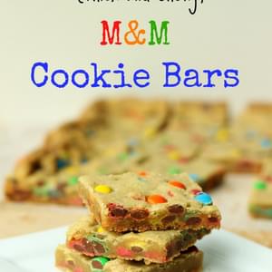 Thick and Chewy M&M Cookie Bars