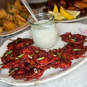 Sweet Potato And Beet Fritters With Herbed Buttermilk Dip