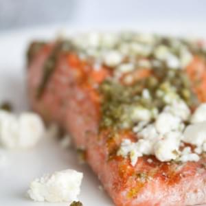 The Simplest Poached Salmon with Pesto and Feta