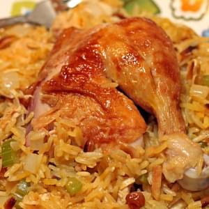 Roasted Chicken with Saffron Rice, Vegetables