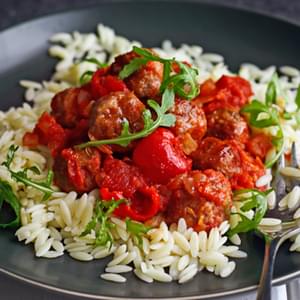 Meatballs In Hot Pepper Sauce With Orzo And Rocket