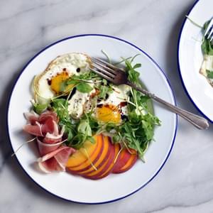 Balsamic Eggs with Peaches and Prosciutto