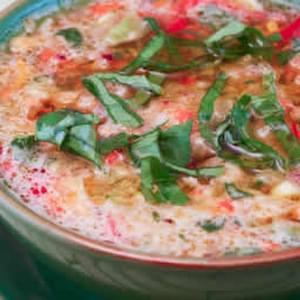 Confetti Gazpacho with Yellow Tomatoes, Red Pepper, and Basil