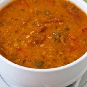 African Inspired Crockpot Soup with Peanut Butter, Chiles, Brown Rice, and Lentils