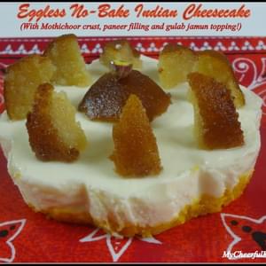 Eggless No-bake Paneer Cheesecake with Mothichoor crust and Gulab jamun topping!