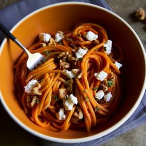 Roasted Pepper Pesto with Toasted Walnuts and Goat Cheese